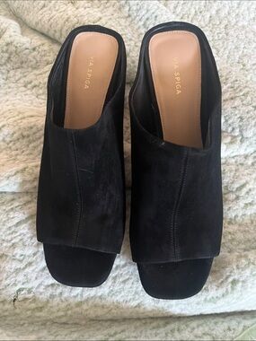 Via Spiga Black Suede Open-Toe Mule Heels